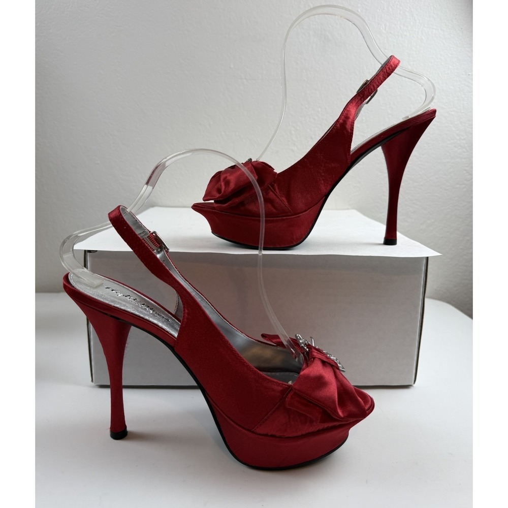Y2K Night Moves Red Bow Satin Rhinestone Buckle Platform Slingback Heels Size 8 - Picture 4 of 10